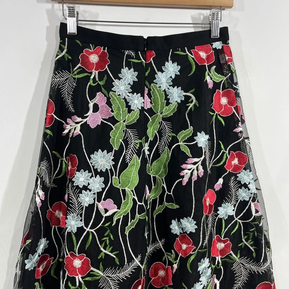 Eva Franco Fairy Grunge Boho Floral Embroidered Mesh Midi Skirt Size 4 Feminine